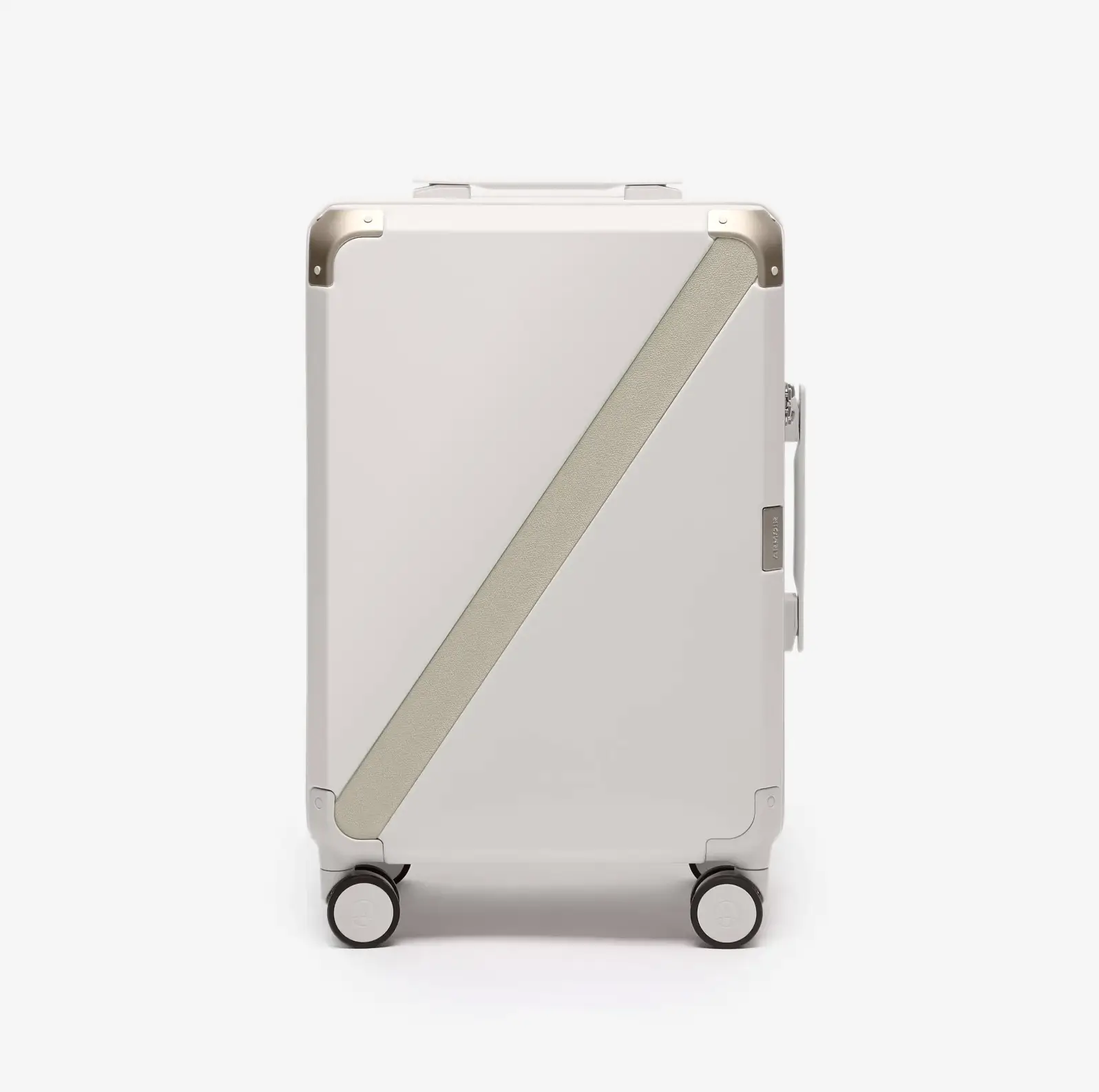 Beige hard shell carry-on suitcase, The Cabin Trunk Essential by Armoir, front view
