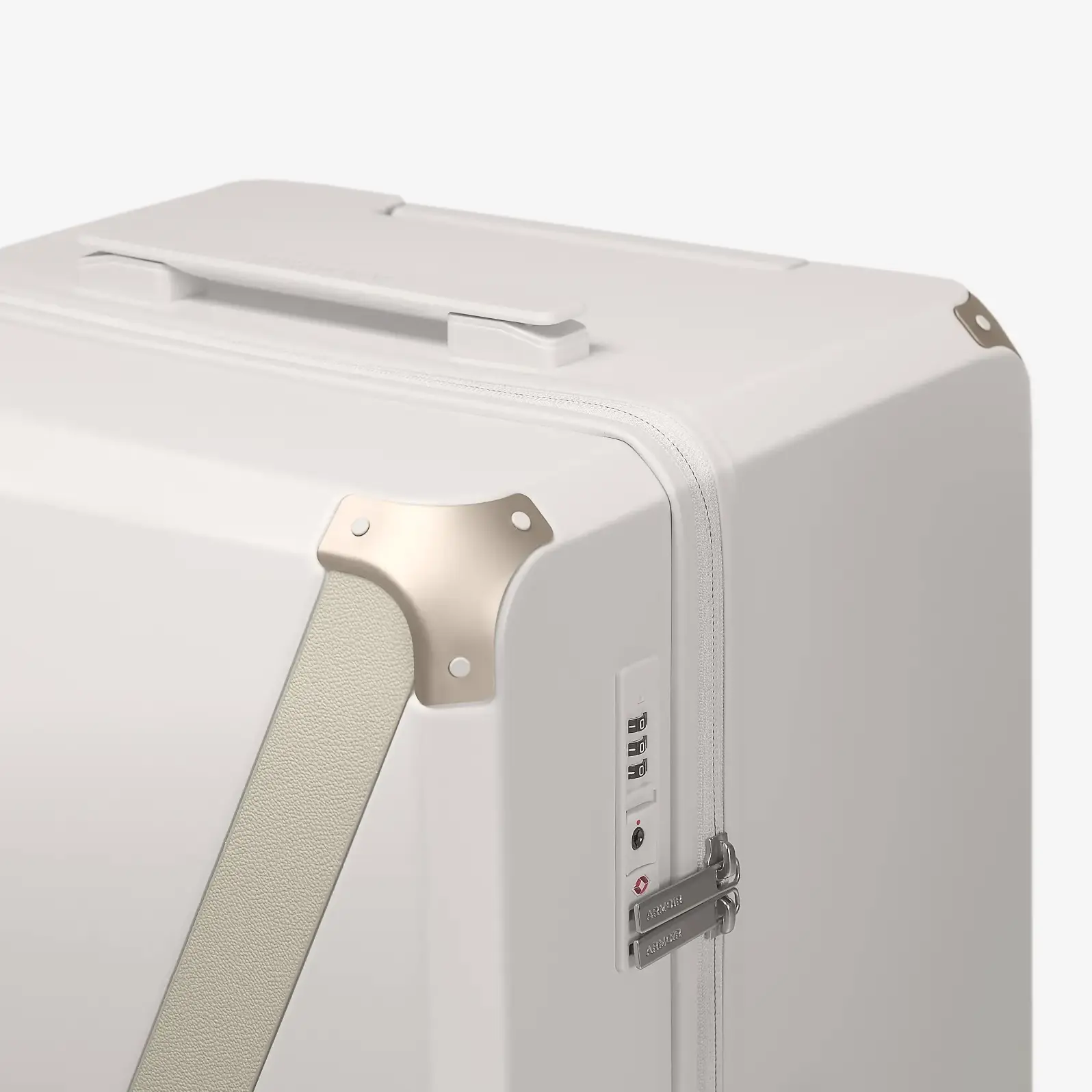 Beige hard shell luggage, The Large Trunk Essential by Armoir, corner detail